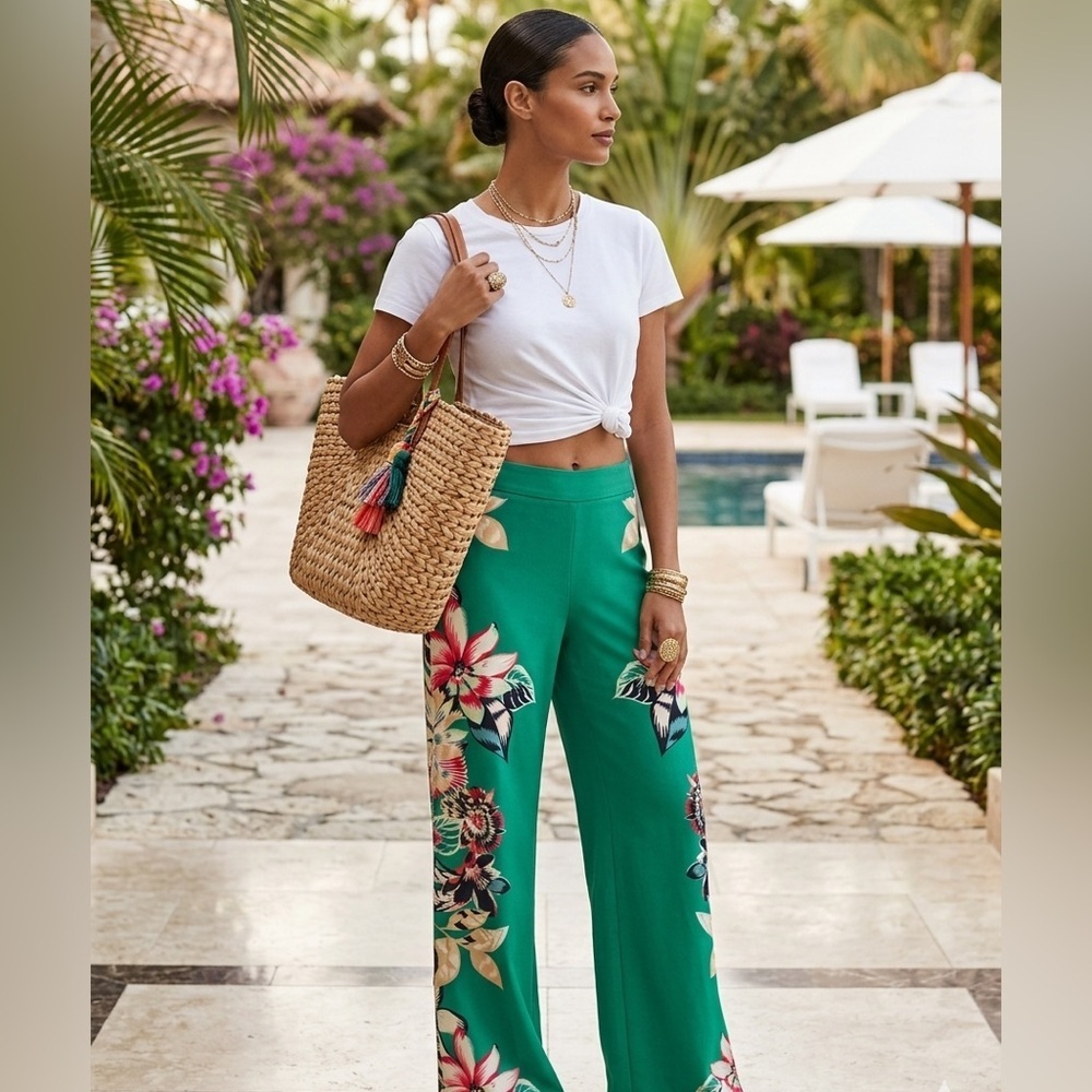 Gabrielle Union Wide-Leg Floral Print Pants in Teal size xs petite